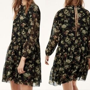 Aritzia WILFRED Lemare Black Floral‎ Chiffon Ruffle Mini Peasant Dress Size M